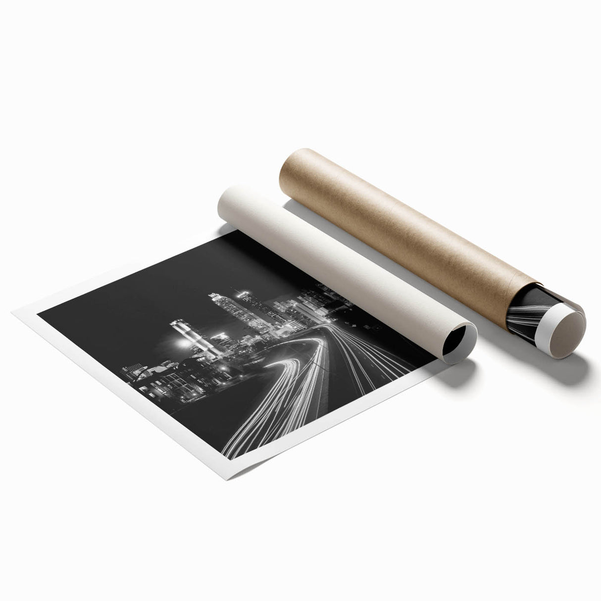 Extra large rolled print of Atlanta skyline in muted gray tones, ideal for classy bathroom wall art.