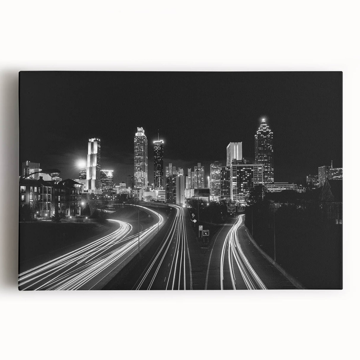 Black and white stretched canvas of Atlanta skyline, ideal for kitchen wall art.