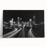 Black and white stretched canvas of Atlanta skyline, ideal for kitchen wall art or bedroom ambiance.