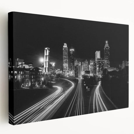 Atlanta skyline depicted in muted gray tones on a large stretched canvas, suitable for kitchen wall art.