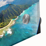 Large abstract wall art depicting Kauai, Hawaii in vibrant green and blue tones on acrylic glass.
