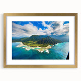 Extra large abstract art print of Kauai's scenery in a gold frame, featuring textured vibrant hues.