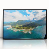 Large abstract wall art depicting Kauai's landscape in vibrant greens and blues on a framed acrylic.