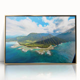 Large art print of Kauai, Hawaii landscape in gold frame, featuring mid-century modernist style.