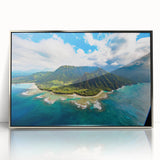 Mid-century modernist art depicting Kauai's lush landscape in vibrant green tones, framed in silver acrylic.