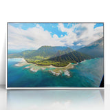 Art deco style poster depicting the scenic Kauai landscape in Hawaii on a white framed acrylic.