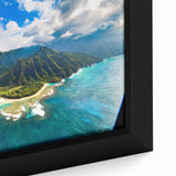 Extra large black wall art depicting a textured scenery of Kauai, Hawaii, with vibrant colors on a framed canvas.