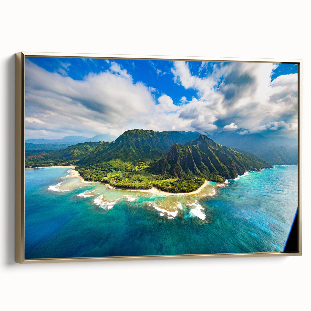 Framed canvas featuring a vintage-style landscape painting of Kauai, Hawaii, with a black and gold color scheme.