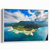 Vintage poster art of Kauai, Hawaii, with vibrant colors on a large framed canvas, suitable for living room decor.