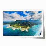 Extra large rolled print of Kauai landscape with lush greenery and waterfalls, ideal for art wall dining room.