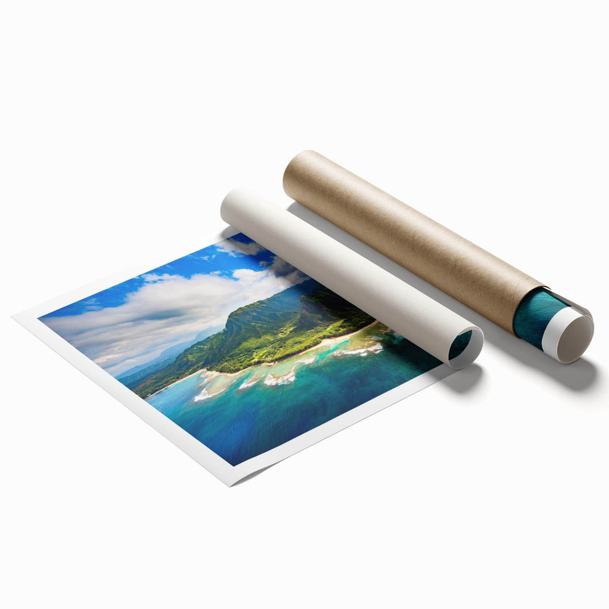 Extra large rolled print of Kauai, Hawaii, featuring vibrant green and blue floral scenery.