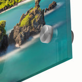 Mid-century modernist large abstract art print of a Maui landscape in vibrant colors on acrylic glass.