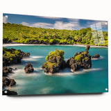 Acrylic print of a large abstract depiction of Maui scenery, with vibrant blues and greens, ideal for dining room decor.