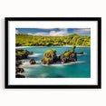 Extra large abstract art print of colorful, textured Hawaiian scenery on a black framed canvas, ideal for living room decor.