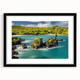 Extra large abstract art print of colorful, textured Hawaiian scenery on a black framed canvas, ideal for living room decor.