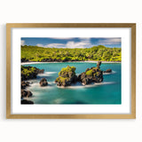 Extra large abstract art print of a textured Maui scenery in a gold frame, ideal for living room decor.