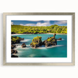 Textured abstract art print of a Maui landscape in muted earth tones on a framed silver mat, suitable for bedroom decor.