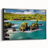 Black and white framed canvas of Maui landscape, ideal for bedroom wall decor, featuring vintage poster art style.