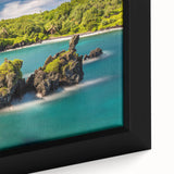 Framed canvas depicting a textured, colorful Hawaiian landscape, ideal for large living room walls.