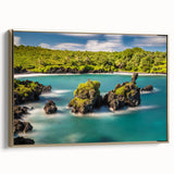 Framed canvas of a vintage-style Maui landscape in muted gold and black tones, ideal for bedroom wall art.