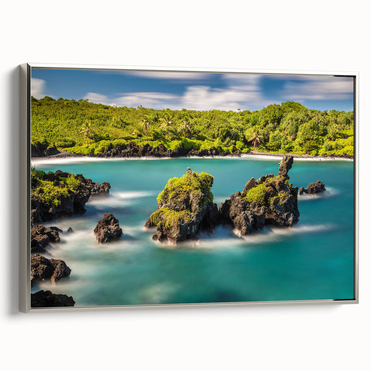 Landscape art painting of Maui scenery on framed canvas, featuring vibrant colors with a vintage poster style.