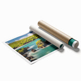 Extra large rolled print of Maui scenery with vibrant floral elements, ideal for classy bathroom wall art.