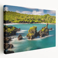 Large canvas print of a Maui scenic landscape in vibrant green and blue tones, suitable for kitchen wall art.