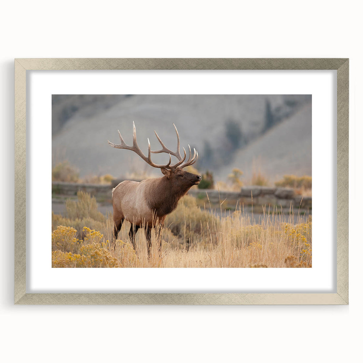 Textured abstract art print depicting Idaho scenery in muted earth tones, framed in silver, ideal for bedroom art.