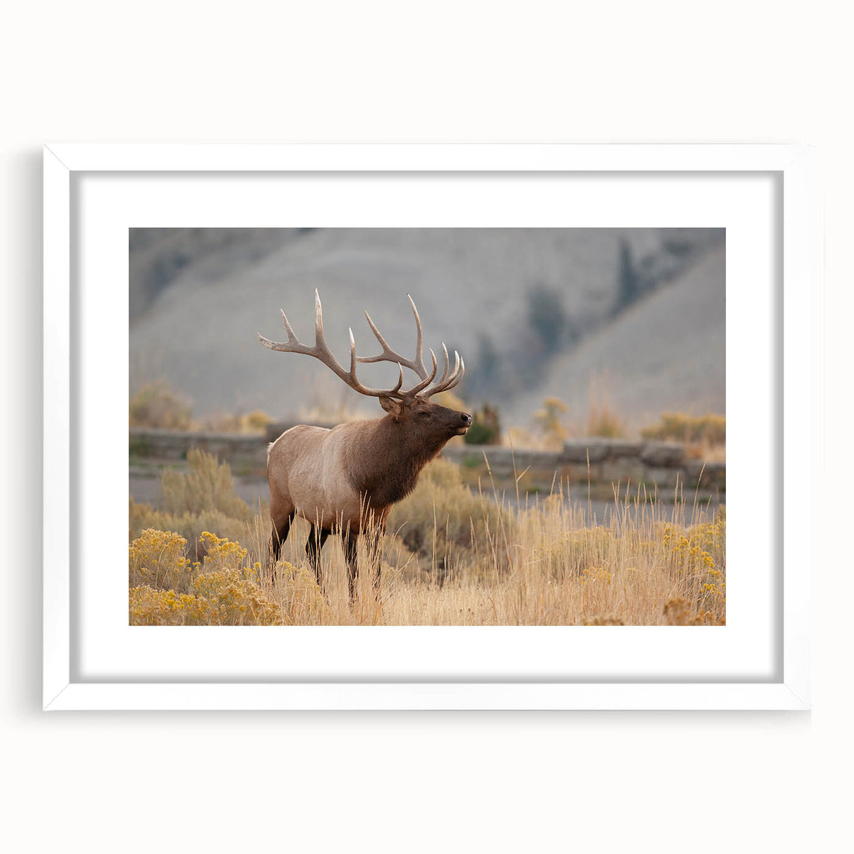 Abstract art print of Idaho scenery in muted earth tones, framed with a white mat, suitable for dining room decor.