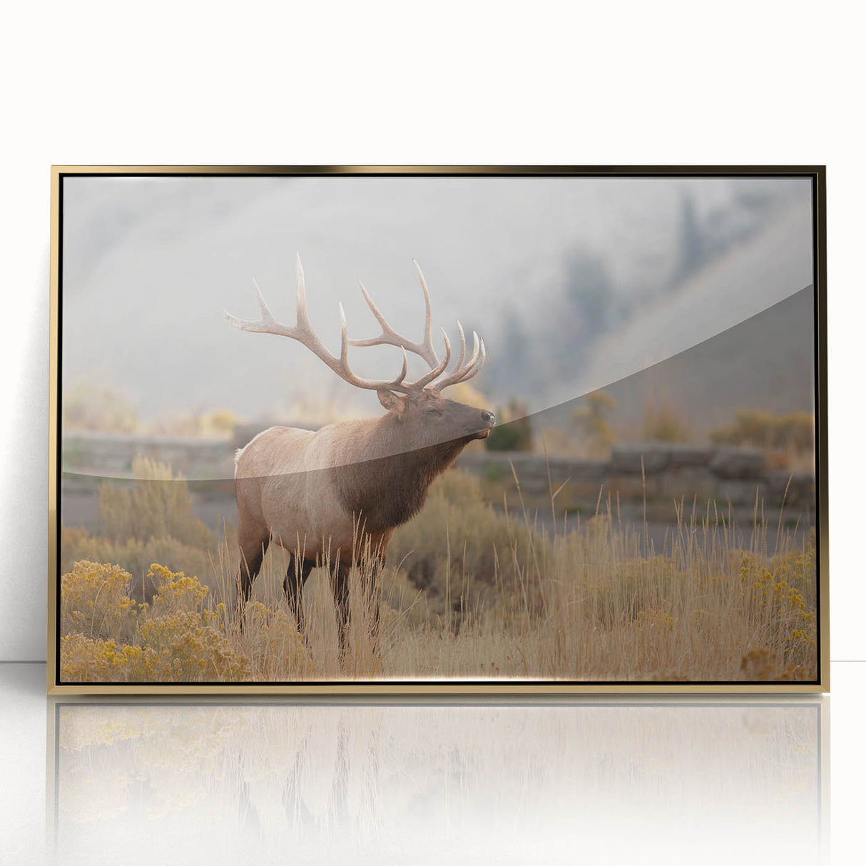 Large art print of Idaho scenery in gold tones on a framed acrylic, ideal for modern art wall decor or nursery.