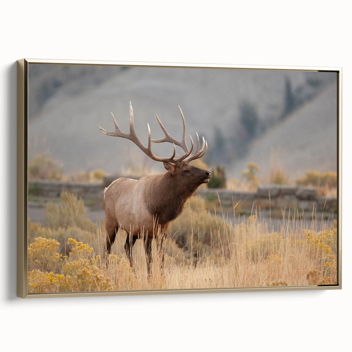 Framed canvas featuring a vintage-style Idaho landscape in black and gold tones, ideal for bedroom wall decor.
