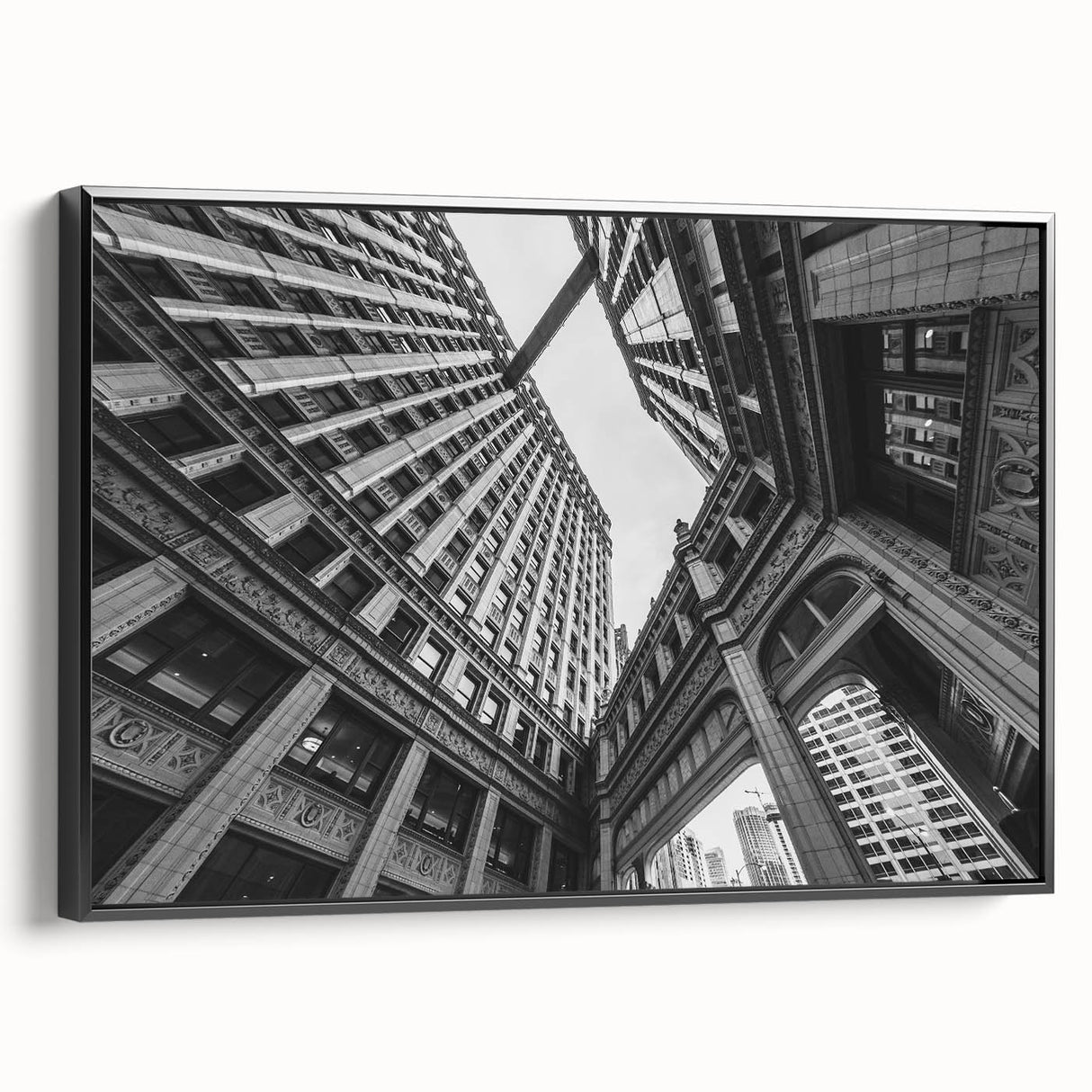Black and white framed canvas of Chicago skyline, perfect for bedroom wall decor, featuring a vintage poster style.