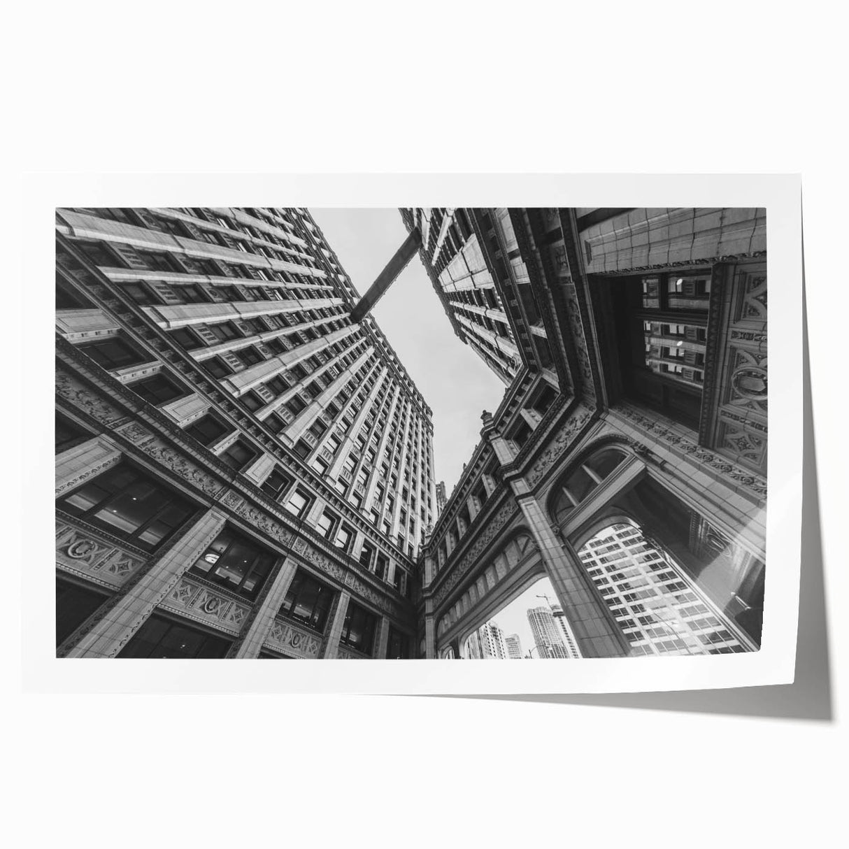 Chicago skyline in muted gray tones on a large rolled canvas, suitable for dining room wall art.