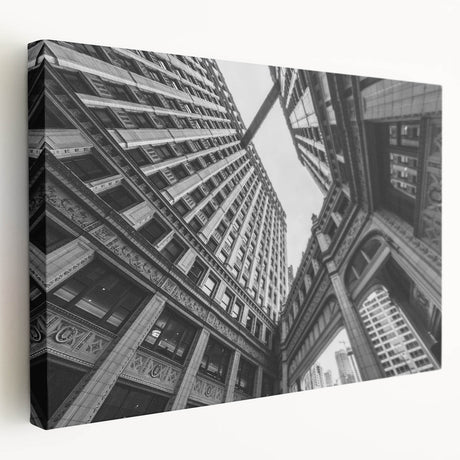 Chicago skyline in muted gray and blue tones on large stretched canvas, suitable for kitchen wall art.