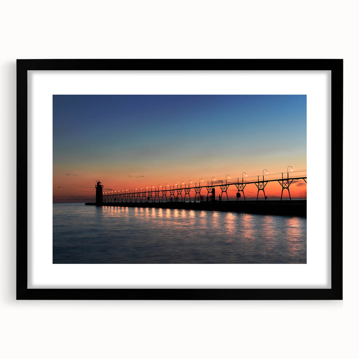 Extra large abstract art print of Lake Michigan with vibrant, colorful textures on a black framed canvas.