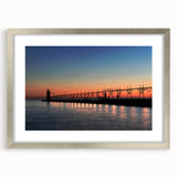 Textured abstract art print depicting Lake Michigan, using muted blue and gray tones, framed in silver.