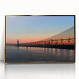 Large art print of Illinois' Lake Michigan, framed in gold acrylic, featuring mid-century modernist style.