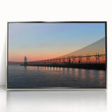 Mid-century modernist art of Lake Michigan, featuring muted blue tones on a framed acrylic, suitable for nursery wall art.