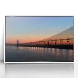 Art deco style poster of Lake Michigan, using muted blue and white tones, framed in acrylic, suitable for nursery wall art.