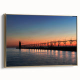 Framed canvas wall art of Lake Michigan with vintage-style black and gold tones, ideal for bedroom decor.