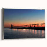 Landscape art painting of Lake Michigan, featuring a vintage poster style on a framed canvas, ideal for living room decor.