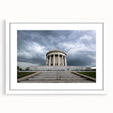 Abstract art print of Indiana scenery in muted earth tones on a framed white mat, ideal for dining room decor.