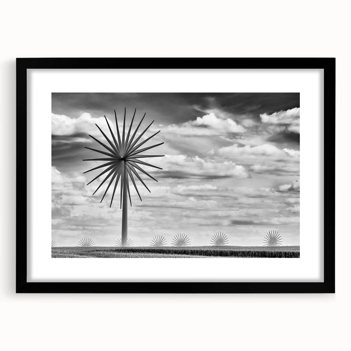 Extra-large abstract art print depicting a textured, colorful Iowa scenery in a black frame, suitable for living room decor.