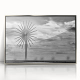 Mid-century modernist art depicting Iowa scenery on silver-framed acrylic, with muted earth tones.
