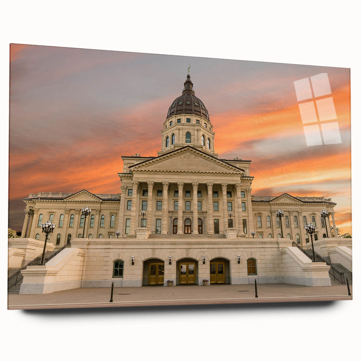 Large abstract wall art of Kansas scenery in muted earth tones on acrylic glass, suitable for bedroom or dining room decor.