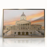 Mid-century modernist style large art print of Kansas scenery in gold tones on framed acrylic.