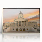 Mid-century modernist art depicting Kansas scenery in muted earth tones on a framed acrylic print.