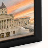 Extra large framed canvas featuring a textured depiction of a Kansas landscape in black with colorful accents.