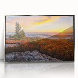 Mid-century modernist art depicting Kentucky scenery in muted green and blue tones on a silver-framed acrylic print.