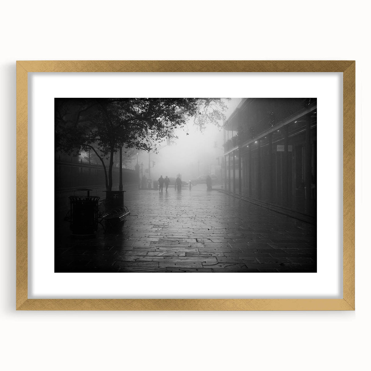 Extra large abstract art print of a New Orleans scene in textured gold frame, ideal for living room decor.